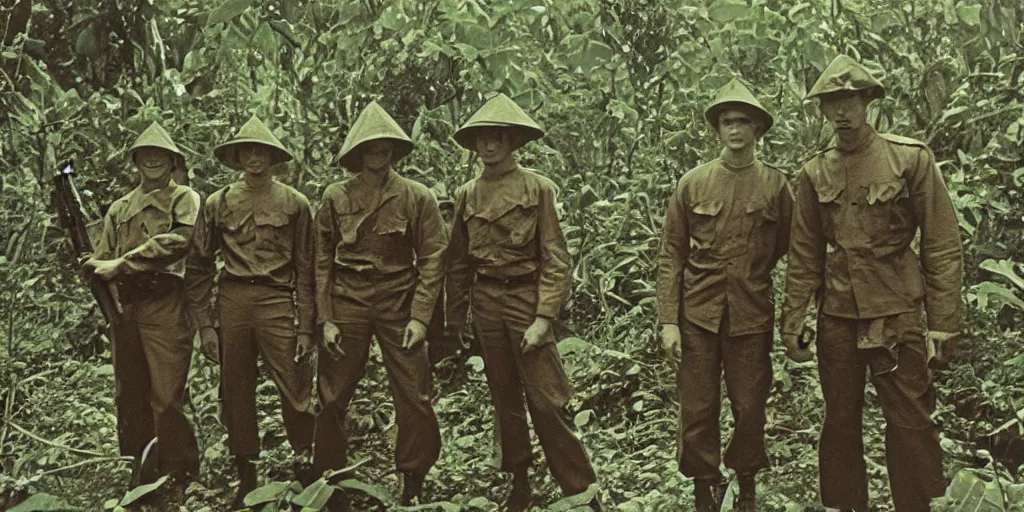 Prompt: 1960s photograph of a cthulhu monster next to US marines in a vietnamese jungle, colorized scan, detailed