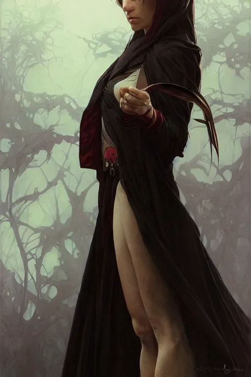 Image similar to portrait of a wise vampire, dark, piercing eyes, gentle expression, elegant clothing, photorealistic, highly detailed, artstation, smooth, sharp focus, art by michael whelan, artgerm, greg rutkowski and alphonse mucha