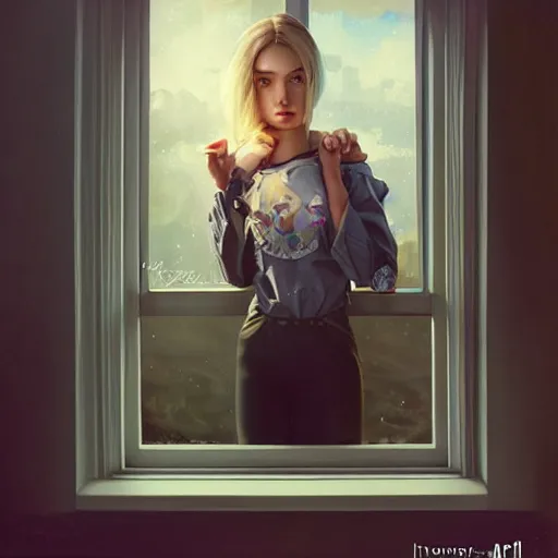 Image similar to Lofi portrait at a window, Pixar style by Stanley Artgerm and Tom Bagshaw and Tristan Eaton and Tim Burton