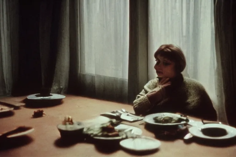 Image similar to soviet movie still a soviet woman sitting at a table next to the window with food, dark warm light, a character portrait by margarita terekhova, movie stalker solaris film still by andrei tarkovsky, 8 k, 1 9 8 4, close - up bokeh, gelios lens, color, noir