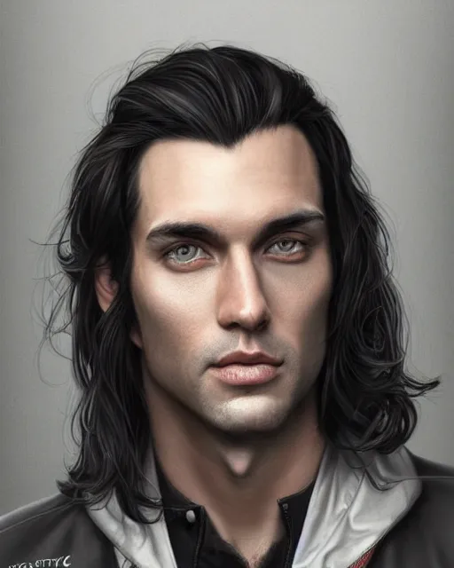 Image similar to portrait of tall, 3 3 - year - old handsome man with long dirty black hair, and ice grey eyes, wearing black clothes, no beard, hyper realistic face, beautiful eyes, character art, art by mark brooks, hyperdetailed, cryengine, trending on artstation, digital art