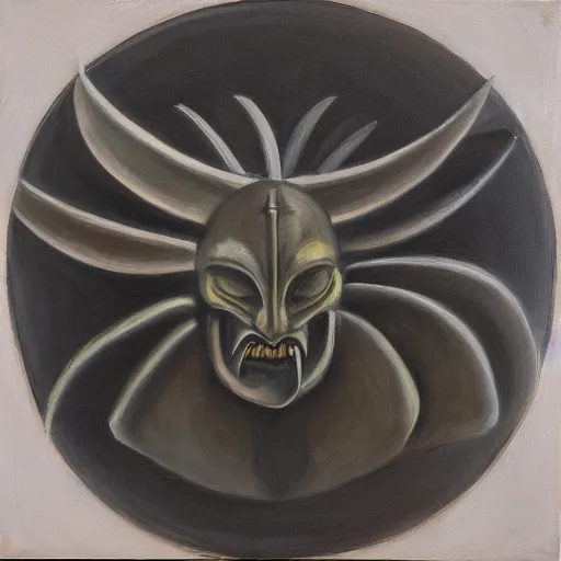 Image similar to polished rectangular round edged stone with demon wings and a barely visible demon face, oil painting, detailed