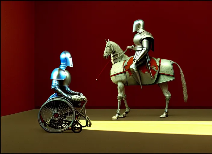 Image similar to knight in armor in a wheelchair do tricks watch old tv, rome, highly detailed, soft lighting, elegant, works by edward hopper and james gillard, zdislaw beksinski, stephen outram, andreas m wiese, highly detailed, masterpiece. rendered in blender, smooth shadows, ultra detail, high resolution, unreal 6, 8 k