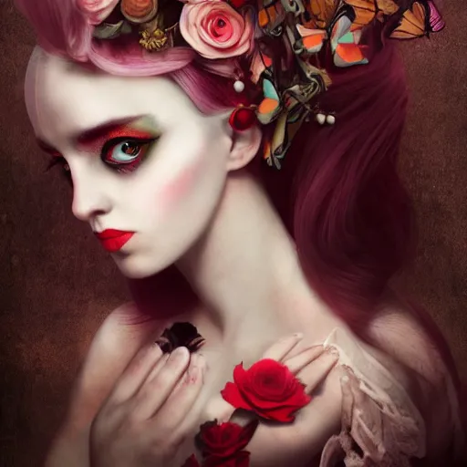 Prompt: of a woman,surreal Portrait inspired by Natalie Shau,Anna Dittman,flower crown,coral dress,horns,cinematic
