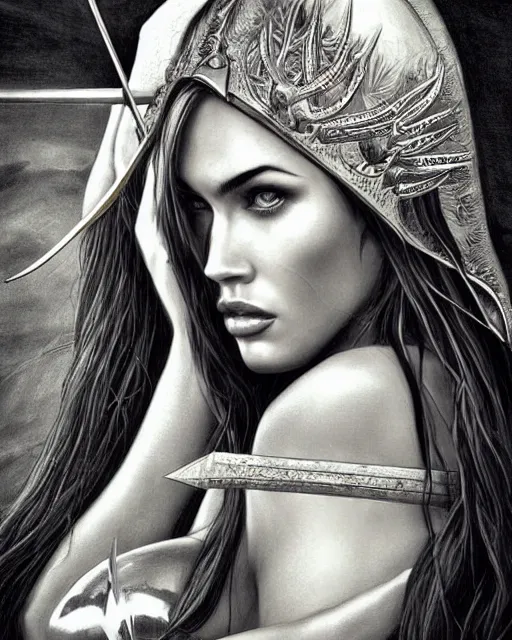 Image similar to portrait of beautiful megan fox as greek goddess aphrodite, archer, arrow on the head, beautiful piercing eyes, flowing blonde hair, realistic face, black and white drawing, in the style of greg rutkowski, fantasy, amazing detail, epic, intricate, elegant, smooth, sharp focus