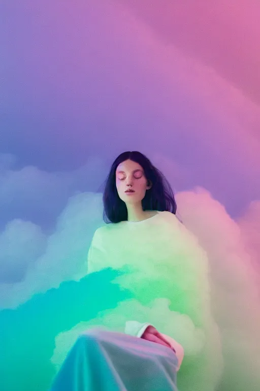 Prompt: high quality pastel coloured film photograph of a model wearing clothing resting on cloud furniture in a nordic black rock environment in a haze filled dreamstate world. three point light, rainbow. photographic production. art directed. pastel colours. volumetric clouds. pastel gradient overlay. waves glitch artefacts. 8 k. filmic.
