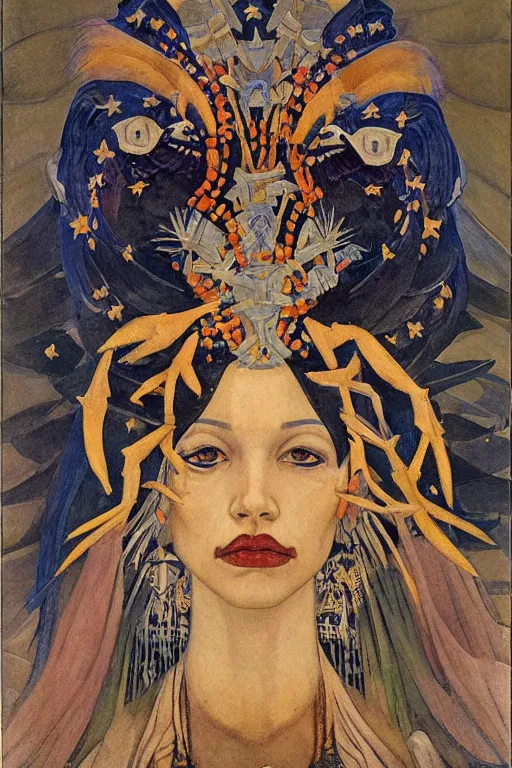 Image similar to queen of the crows with stars in her hair by Nicholas Roerich and Annie Swynnerton and Diego Rivera and jean delville and Carl Larsson, dramatic cinematic lighting , silver jewelry, ornate headdress, flowing robes, sacred artifacts, lost civilizations, smooth, sharp focus, extremely detailed