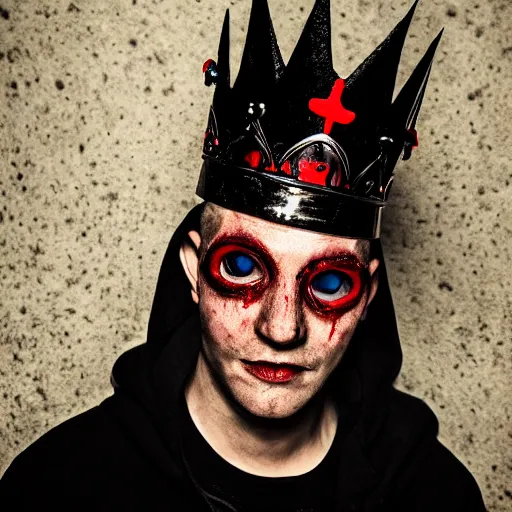 Image similar to man with a crown, smirk, photograph, black backgrounds, glowing red eyes, dark, horror