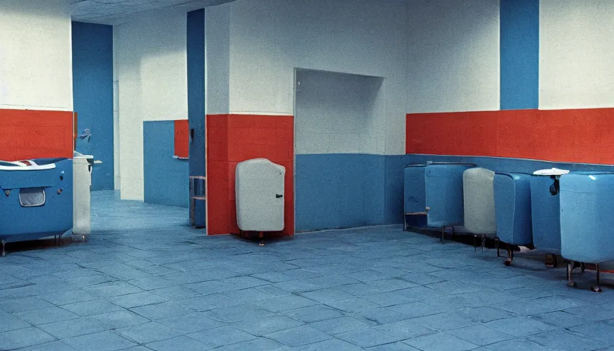 Prompt: 60s movie still of a sovietic stalinist style empty blue tiles room with visible toilets, cinestill 800t 50mm eastmancolor, liminal Space style, heavy grain-s 150