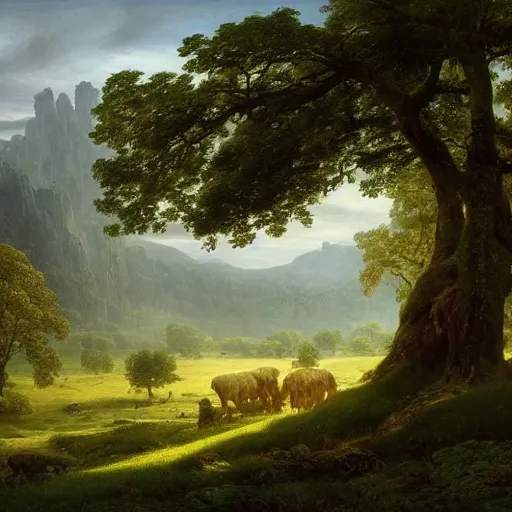 Image similar to pastoral tribute to caspar david friedrich a wide expansive valley with verdant foliage, tall broad oaks, a beautiful pellucid river running betwixt gorgeous igneous rock driven up by glaciers oil paint rendering jonas de ro