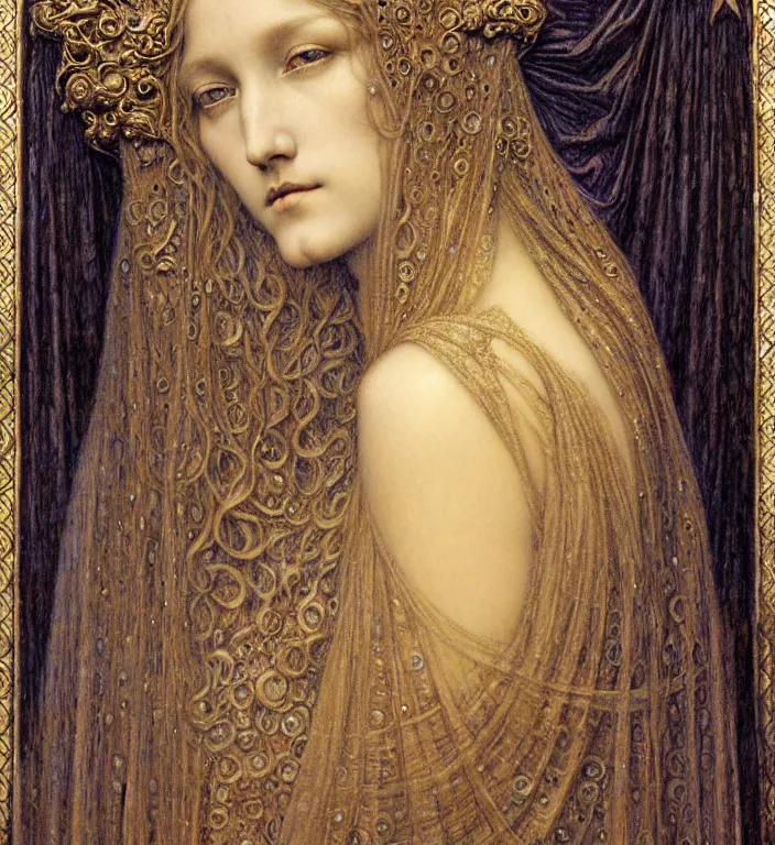 Image similar to detailed realistic beautiful young medieval queen face portrait by jean delville, gustave dore and marco mazzoni, art nouveau, symbolist, visionary, gothic, pre - raphaelite. horizontal symmetry