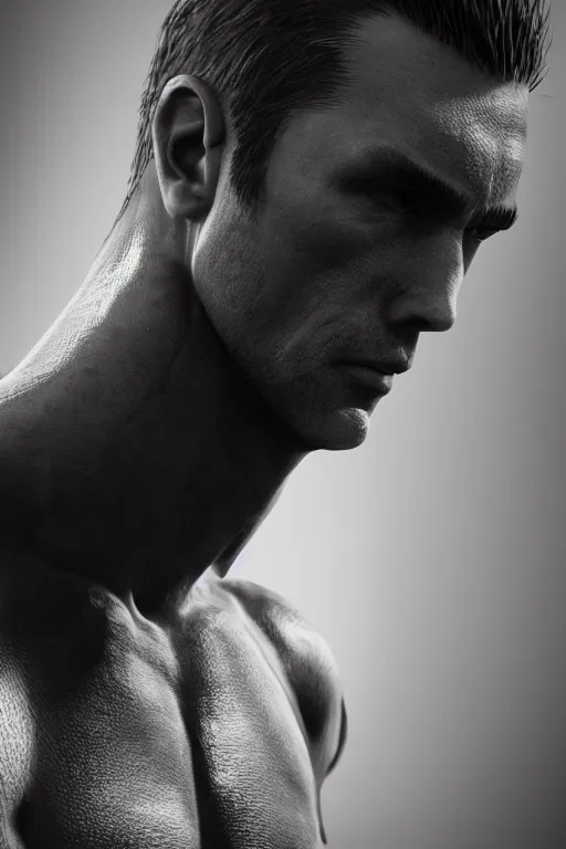 Image similar to a single muscular man wearing torn clothes, looking to the right, profile picture, hyperrealistic, concept art, octane render, unreal engine 5, trending on artstation, high quality, highly detailed, 8 k, dramatic lighting, cinematic, high coherence, anatomically correct, five fingers, digital art, seductive, black and white