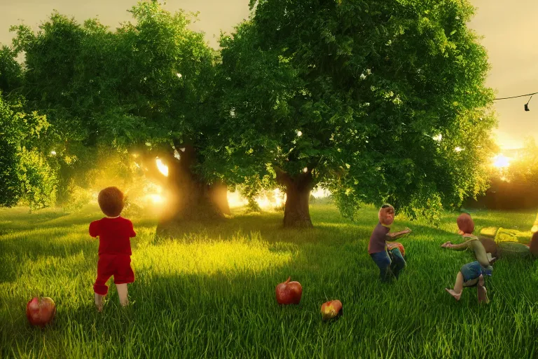 Image similar to kids in the garden are playing, sun breaks through the apple tree, green everywhere, sun, happy, joy, 4k, ultra details, cinematic, epic style, beautiful photo, hyper realistic, octane render, unreal engine, award winning, on artstation, volumetric lightning, masterpiece, golden hour,