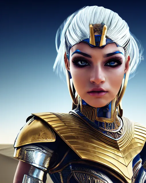 Image similar to girl in egypt, egyptian cyborg armor, white hair, atmosphere, gold, detailed, intricate, desert, beautiful face, cinematic lighting, trending on artstation, blue eyes, 4 k, focused, extreme details, cinematic, masterpiece, by akihito tsukushi