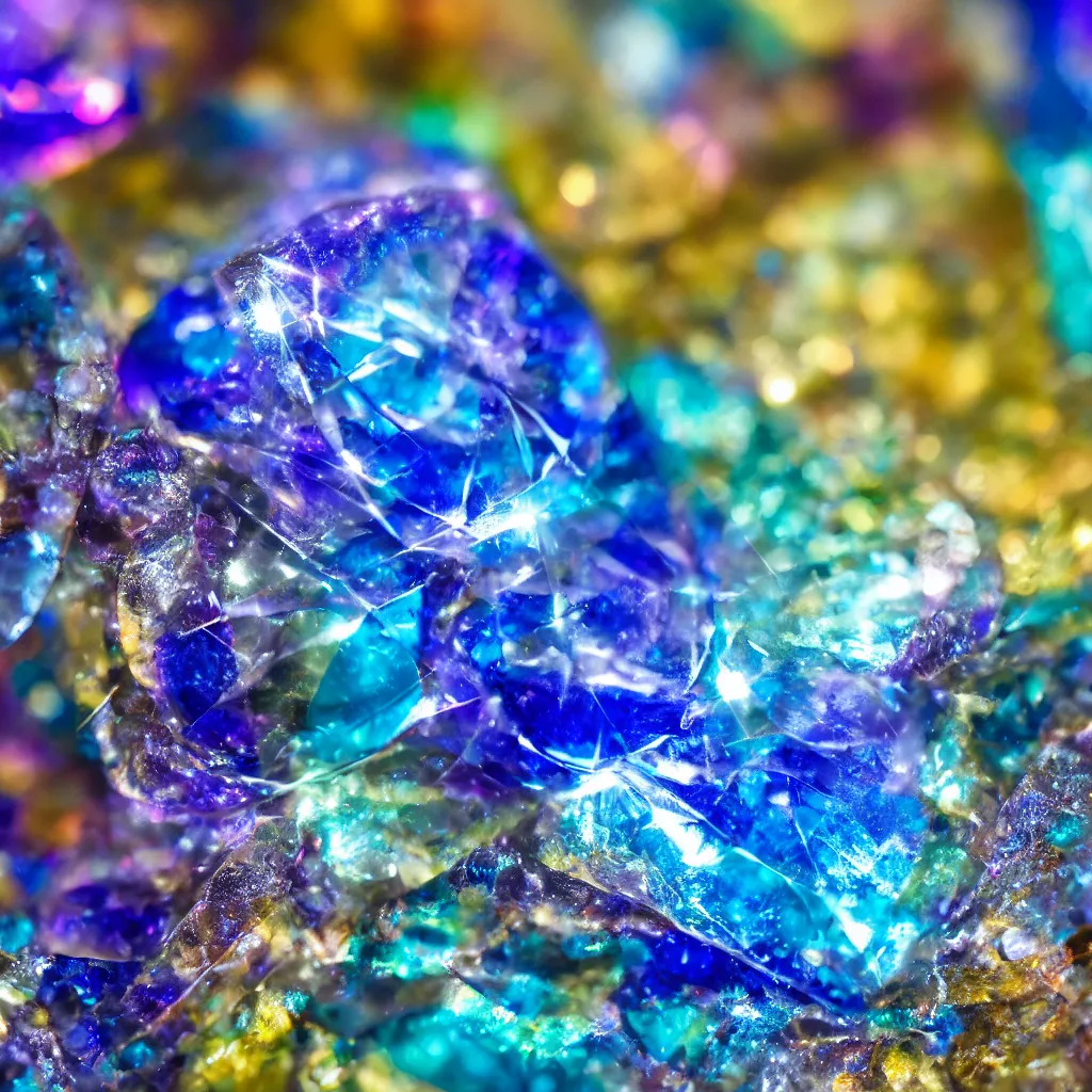 Image similar to photorealistic macro photograph of a translucent sapphire shining clear gemstone, vivid colors, moody, 4k