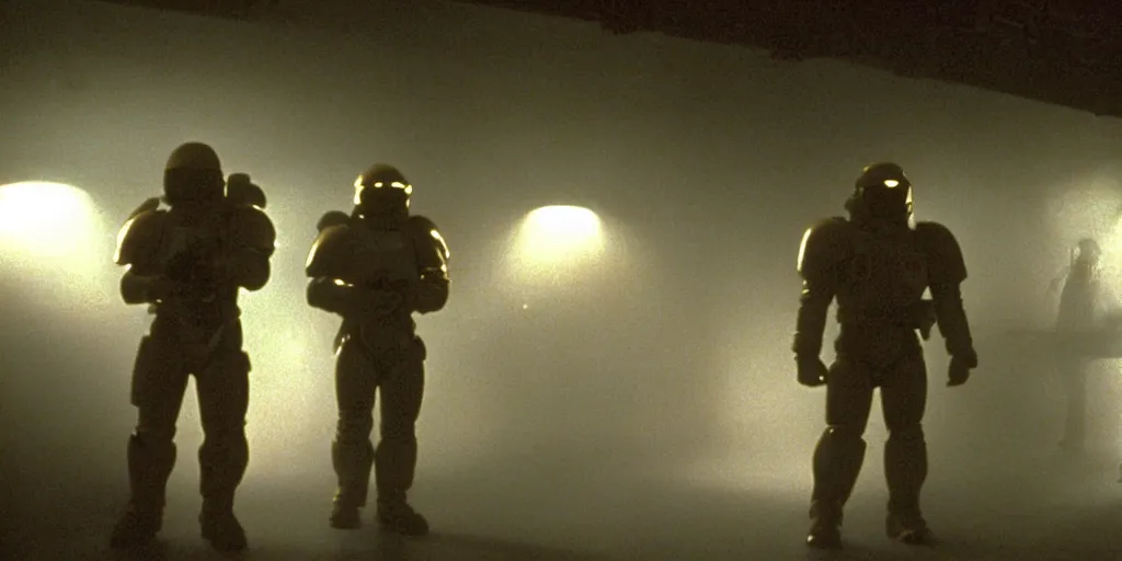 Image similar to color film still, space marines in the dark hallway, space ship ; misty, ; alien 2 ( 1 9 8 6 )