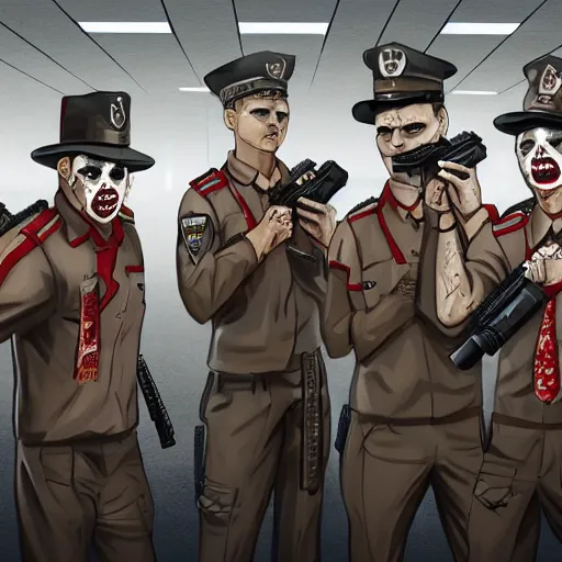 Image similar to zombie security officers with glowing pale red skin in beige uniforms and caps holding bullpup guns in a brutalist office setting trending on artstation digital painting 4 k sharp detail high quality