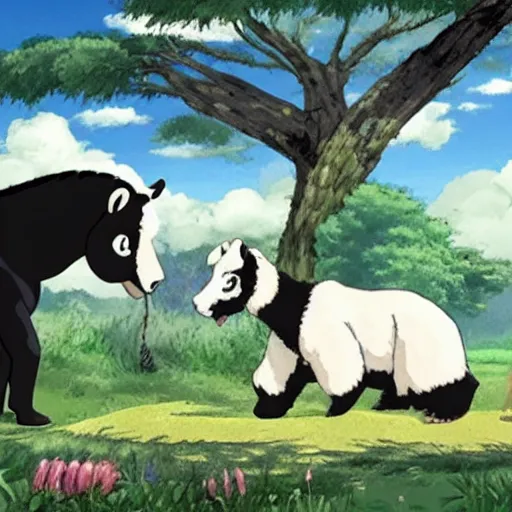 Image similar to a horse talking with a giant panda, studio ghibli style