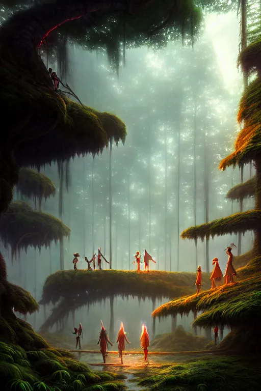 Prompt: a highly detailed matte painting of a group of young adventurers exploring elven ruins in a mystical forest, by studio ghibli, by artgerm, by wlop, by greg rutkowski, red tones, volumetric lighting, octane render, 4 k resolution, trending on artstation, masterpiece