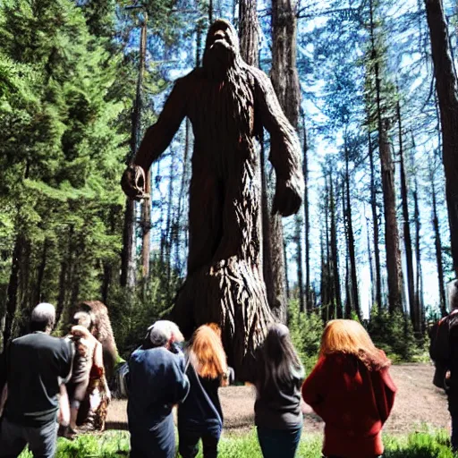 Image similar to group of occultist worshipping a bigfoot statue