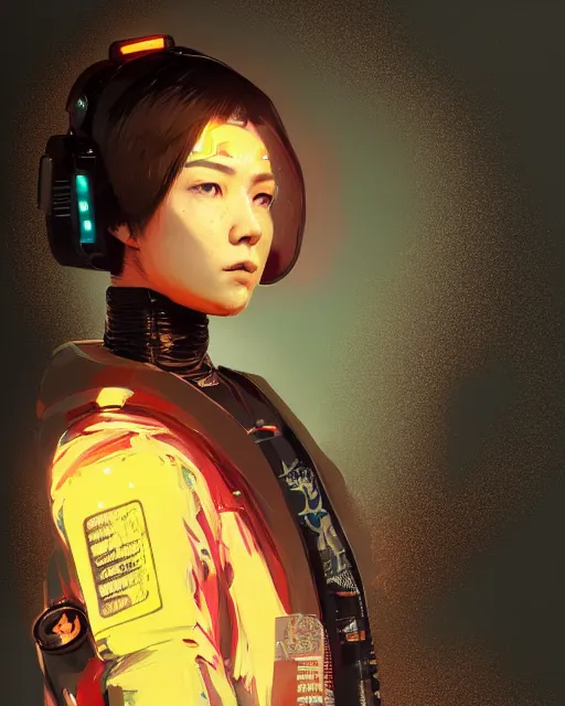 Image similar to detailed portrait Neon guard girl with short brown hair, cyberpunk futuristic, reflective puffer jacket, black leggings, decorated with traditional Japanese ornaments by Ismail inceoglu dragan bibin hans thoma, Perfect face, fine details, realistic shaded, fine-face, pretty face