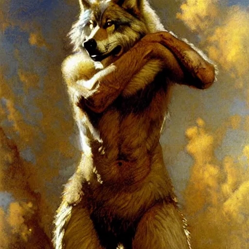 Image similar to a portrait of a furry wolf wearing clothes, hairy, furry body, furry chest, furry arms, furry legs, tail. highly detailed painting by gaston bussiere, craig mullins, j. c. leyendecker, furry
