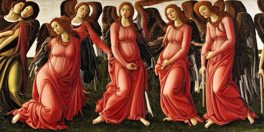 Prompt: Angels holding red spiral Spears descend from the heaven to cast judgment on the humans who try to run below their feet, oil painting by sandro botticelli, highly detailed, renaissance art, 8k