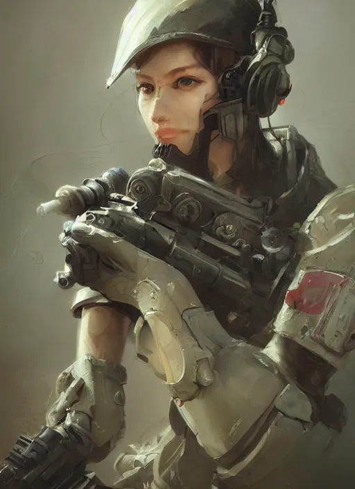 Image similar to of a sniper girl in war, with futuristic gear and helmet, portrait by ruan jia and ross tran, detailed, epic video game art