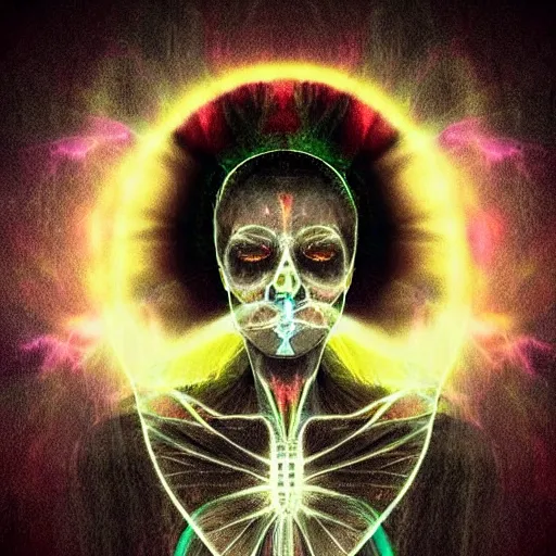 Prompt: portrait of a hyperrealistic stunning xray angel, beautiful face, colorful lightning cinematic, gothic face