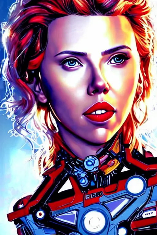 Image similar to a portrait of a beautiful cybernetically enhanced scarlett johansson, by marvel comics and sandra chevrier