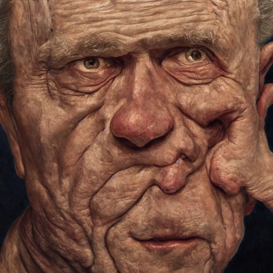 Image similar to hyperrealistic close up studio portrait of aging old George W Bush age 85 wrinkled weeping, oil painting by Ivan Albright and Lucian Freud and Ron Mueck, trending on artstation Studio lighting hyperrealism