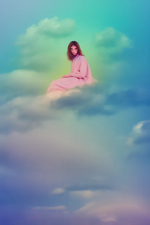 Prompt: high quality pastel coloured film photograph of a model wearing clothing resting on cloud furniture on clouds in a haze filled dreamstate world. three point light, rainbow. photographic production. art directed. pastel colours. volumetric clouds. pastel gradient overlay. waves glitch artefacts. 8 k. filmic.