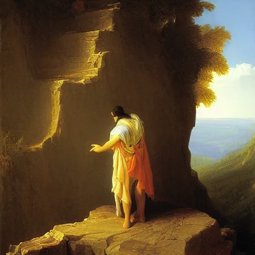 Prompt: a man standing on the ledge by thomas cole