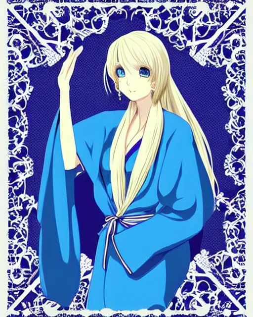 Image similar to a blonde woman wearing a blue veil and blue robes with ornate patterns | | very very anime!!!, fine - face, realistic shaded perfect face, fine details. anime. realistic shaded lighting poster