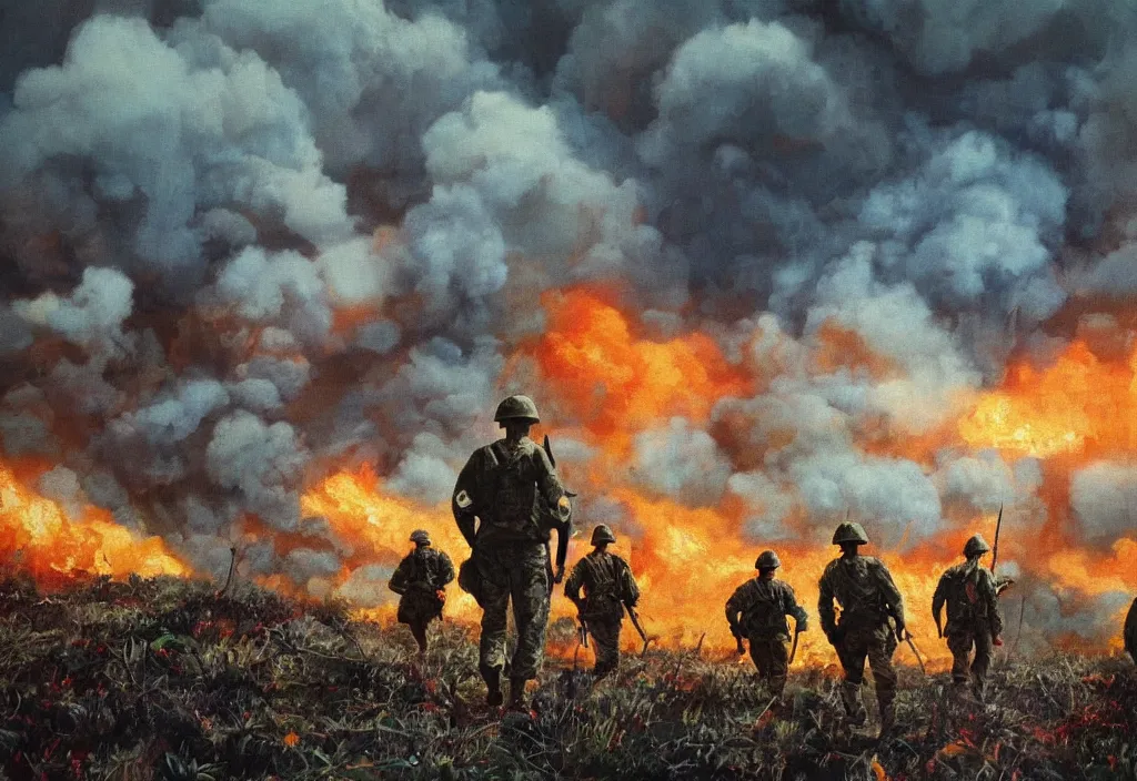 Image similar to handmade colorful illustration of an epic Vietnam War scene with a very few american soldiers walking, one american soldier at the forefront staring at the jungle, blue sky with beautiful clouds, some fire with columns of grey smoke, line art, heavy brushstrokes, oil on canvas by Kilian Eng and by Jake Parker, winning-award masterpiece, fantastic, octane render, 8K HD Resolution, High quality image