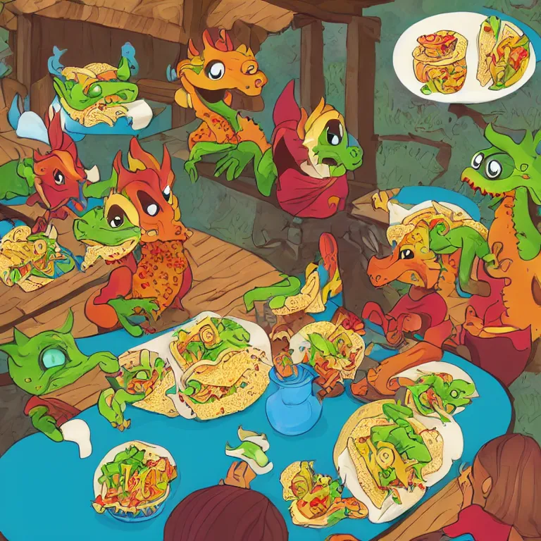 Image similar to dragons eating tacos, childrens book illustration