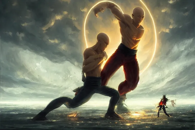 Image similar to saitama fighting the homelander, epic scene, Highly detailed painting, cinematic landscape, realistic, a fantasy digital painting by Greg Rutkowski and James Gurney