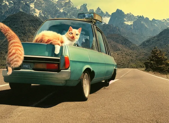 Image similar to A very high resolution image from a new movie, a cat driging around, inside of a car , mountains, Polaroid, directed by wes anderson