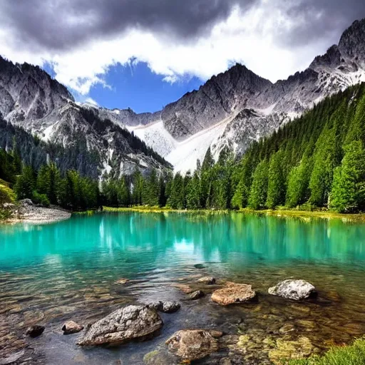 Prompt: alpine river lake with mountains in the background, beautiful, hd, landscape