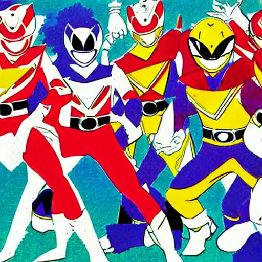 Image similar to Mighty Morphin Power Rangers as illustrated by Naoko Takeuchi. 1993.