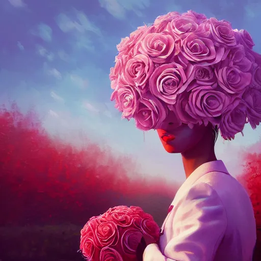 Image similar to closeup, huge rose flower head, frontal, girl in a suit, surreal photography, sunrise, dramatic light, impressionist painting, digital painting, artstation, simon stalenhag