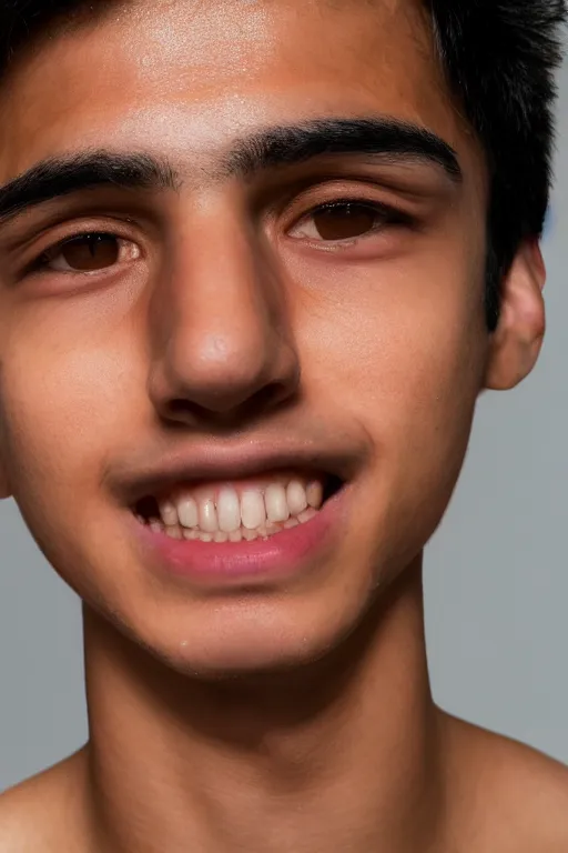 Image similar to close up headshot of an androgynous Hispanic teen male with medium length slightly wavy black hair a wide smile brown eyes a small nose tidy plucked eyebrows dark brown eyes and a diamond shaped face, high resolution film still, 8k, HDR color, gazing dark brown eyes, high cheek bones