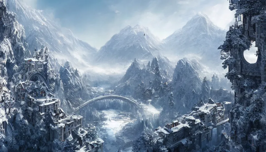 Image similar to White castles built in snowy mountains connected by bridges with villages below at sunny day, hyperdetailed, artstation, cgsociety, 8k