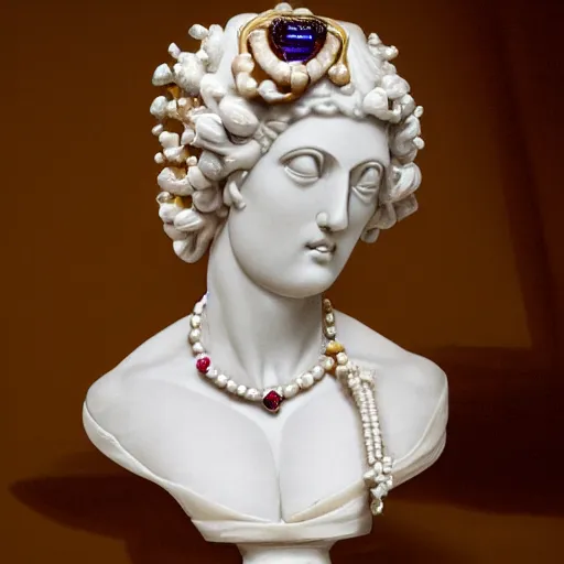 Prompt: female god bust with visible heart and gems under bones, neoclassical style, gems, cameo, marble, gold, bones, 8k, details, studio lighting, realism