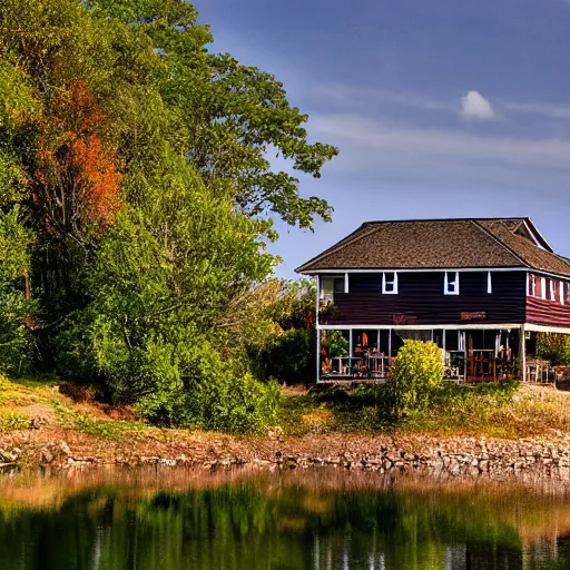 Prompt: house on the mountain around water