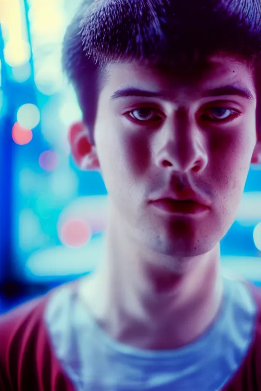 Image similar to an ultra high definition telephoto portrait cyberpunk 7 0 s diner film set photograph of a young man with short messy brown hair triangle head puffy cheeks narrow chin high cheek bones confused expression. wide angle close up. three point lighting. volumetric. refraction. imagined detail. soft focus ambient light sources. haze, light glare, art directed. filmic.