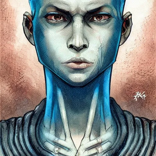 Prompt: intricate portrait, pure blue skin, short white hair, cinematic, in the style of enki bilal!