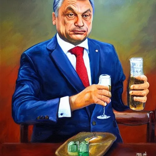 Prompt: viktor orban with a beer, anatomically correct, oil painting, hyper realistic, 8 k, highly detailed