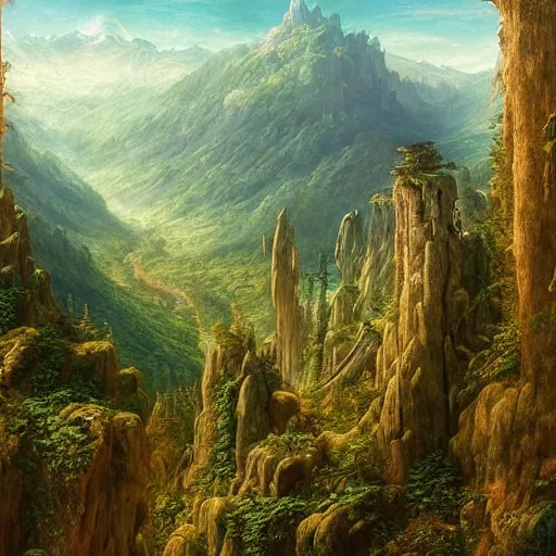 Prompt: a beautiful and highly detailed matte painting of a dreamy valley deep in the foresty mountains, intricate details, epic scale, insanely complex, 8 k, sharp focus, hyperrealism, very realistic, by caspar friedrich, james gurney, brian froud,