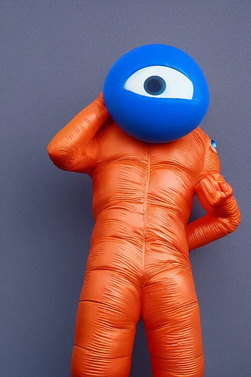 Prompt: still figurine of a tall giant inflated space man wearing over sized orange puffy bomber jacket, googly eyes, tareme eyes, personification, dynamic pose, detailed product photo, tone mapped, beautiful composition, 8 5 mm, f 5. 8, soft lighting